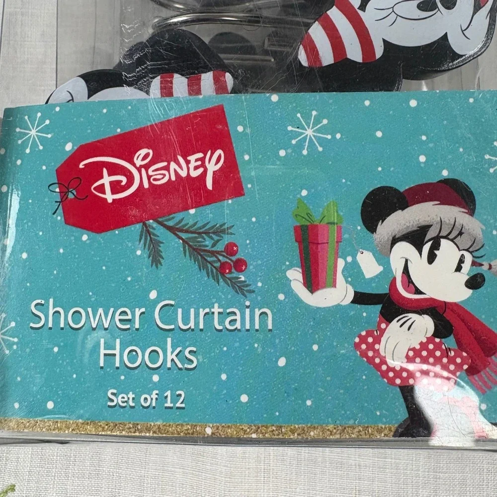 Disney Minnie Mouse Holiday Peppermint Bow Shower Curtain Hooks Set of 12 NEW